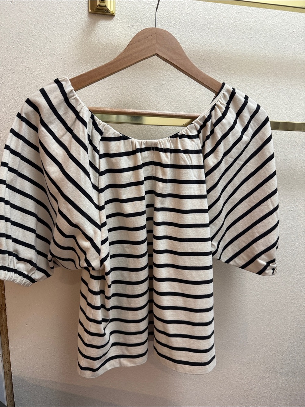 J. Crew Black and White Striped Off-Shoulder Puff Sleeve Top